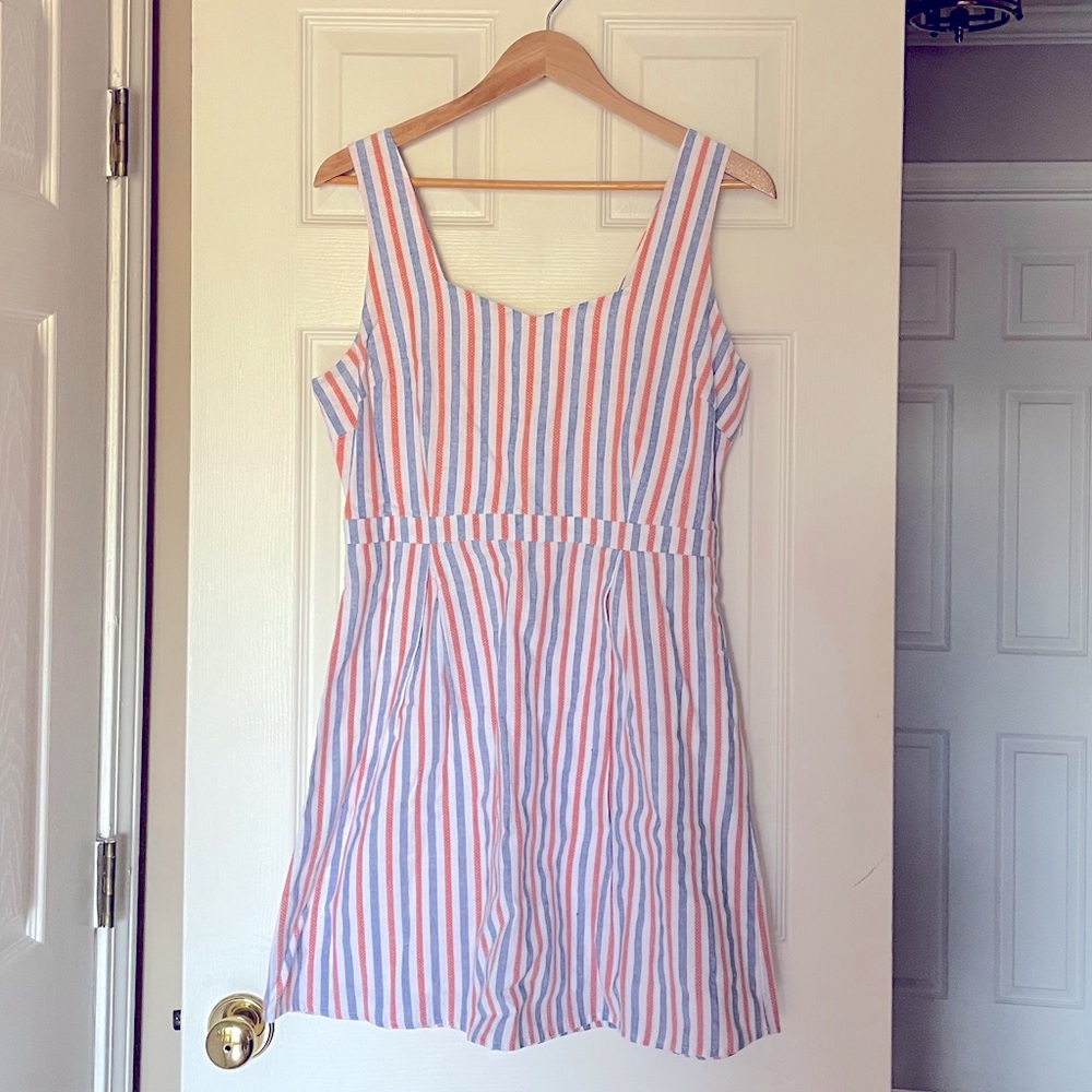 New (no tags) Blue Orange Striped Linen Blend Sundress